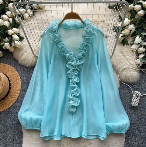 Deep V-neck Loose Ruffled Top