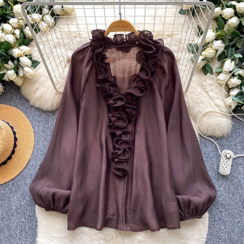 Deep V-neck Loose Ruffled Top