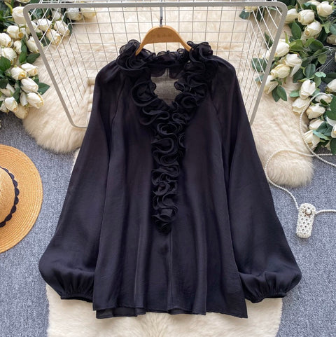 Deep V-neck Loose Ruffled Top