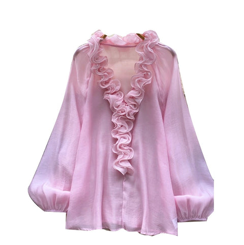 Deep V-neck Loose Ruffled Top