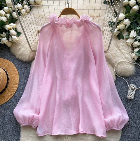 Deep V-neck Loose Ruffled Top