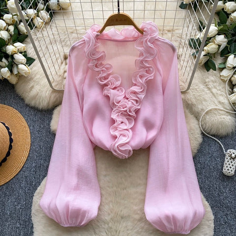 Deep V-neck Loose Ruffled Top