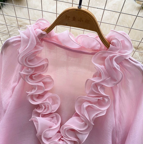 Deep V-neck Loose Ruffled Top