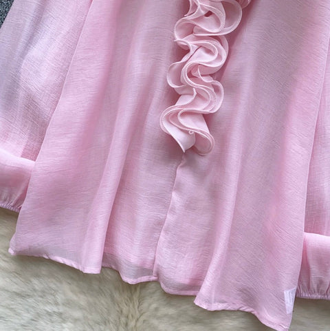 Deep V-neck Loose Ruffled Top