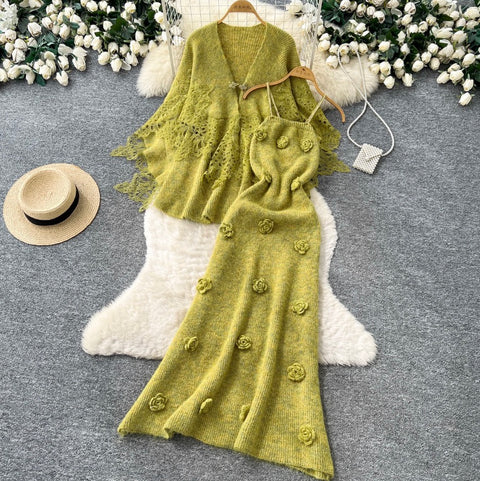 Cardigan&Slip Dress Knitted Patchwork 2Pcs