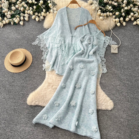 Cardigan&Slip Dress Knitted Patchwork 2Pcs
