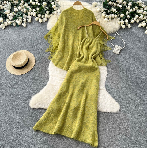 Cardigan&Slip Dress Knitted Patchwork 2Pcs