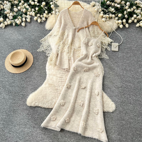 Cardigan&Slip Dress Knitted Patchwork 2Pcs