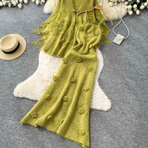 Cardigan&Slip Dress Knitted Patchwork 2Pcs