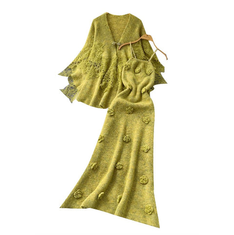 Cardigan&Slip Dress Knitted Patchwork 2Pcs