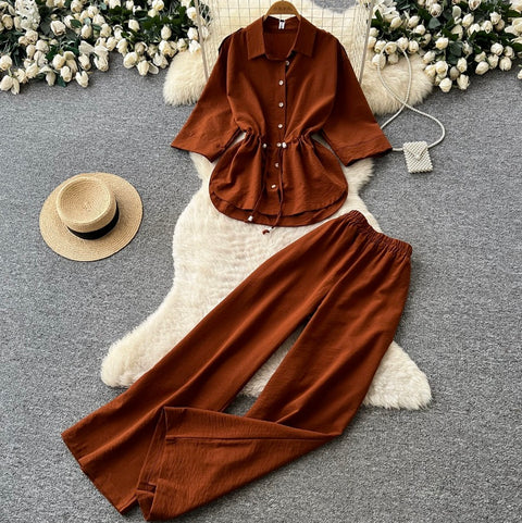Drawstring Shirt & Trousers Casual 2Pcs