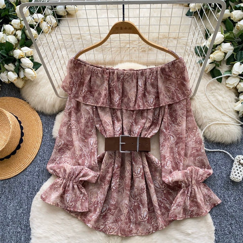 Off-shoulder Floral Top with Belt