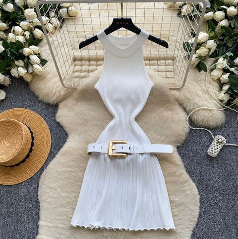 Knitted Halter Dress with Belt