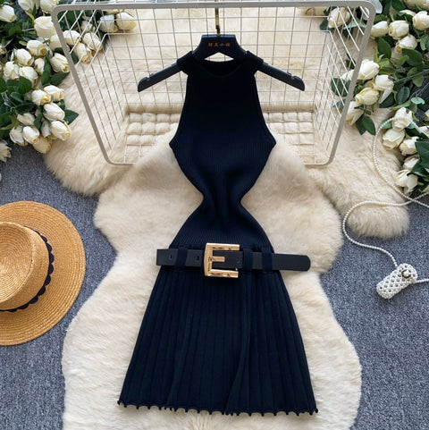 Knitted Halter Dress with Belt