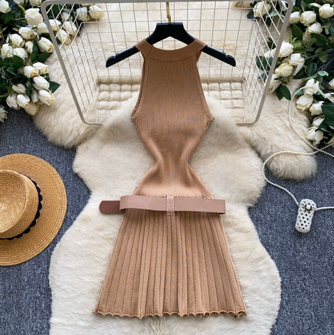 Knitted Halter Dress with Belt
