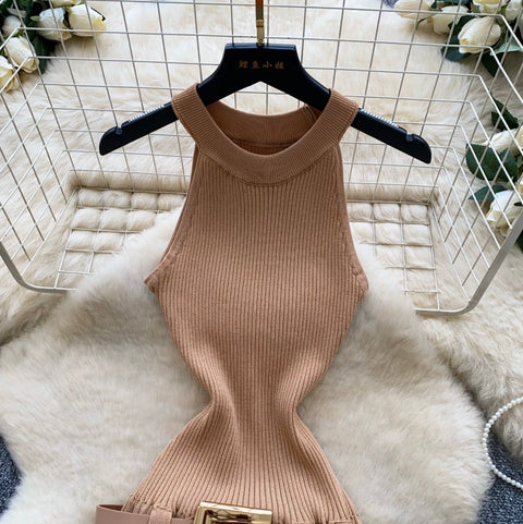 Knitted Halter Dress with Belt