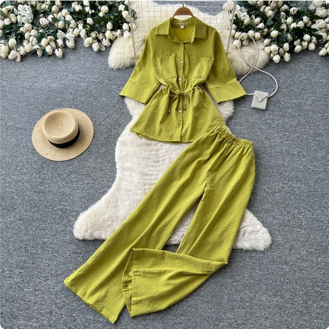 Drawstring Shirt & Wide-leg Trousers 2Pcs