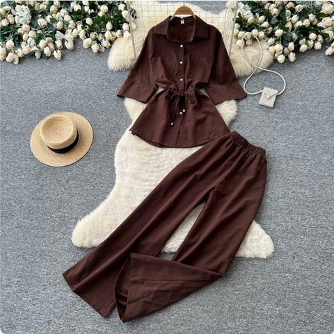 Drawstring Shirt & Wide-leg Trousers 2Pcs