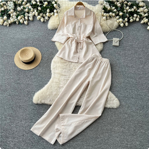 Drawstring Shirt & Wide-leg Trousers 2Pcs