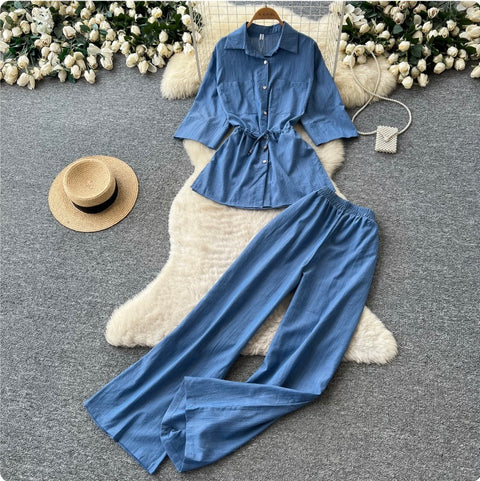 Drawstring Shirt & Wide-leg Trousers 2Pcs