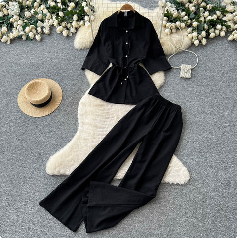 Drawstring Shirt & Wide-leg Trousers 2Pcs