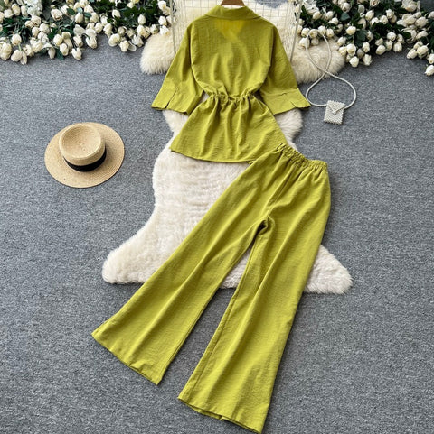 Drawstring Shirt & Wide-leg Trousers 2Pcs