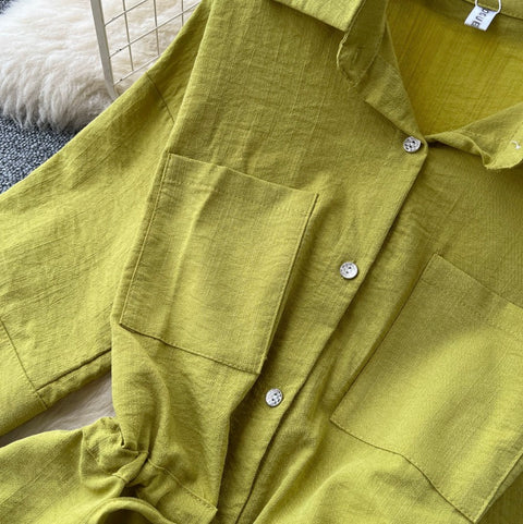 Drawstring Shirt & Wide-leg Trousers 2Pcs