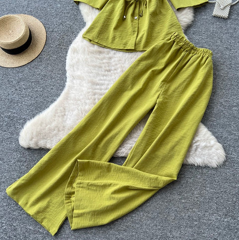 Drawstring Shirt & Wide-leg Trousers 2Pcs