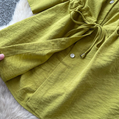 Drawstring Shirt & Wide-leg Trousers 2Pcs