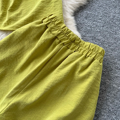 Drawstring Shirt & Wide-leg Trousers 2Pcs