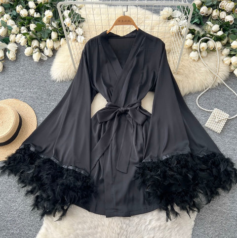 Furry Satin Patchwork Black Nightdress