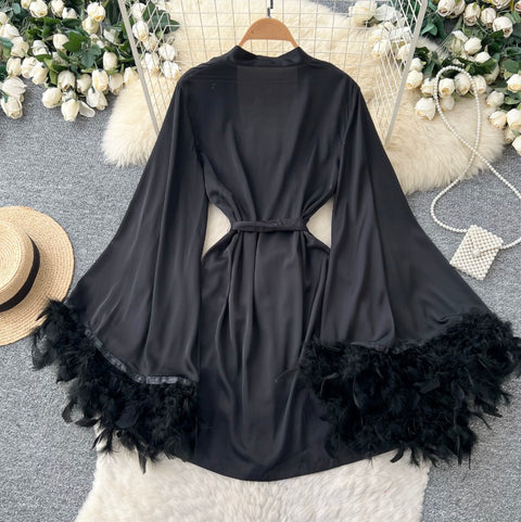 Furry Satin Patchwork Black Nightdress