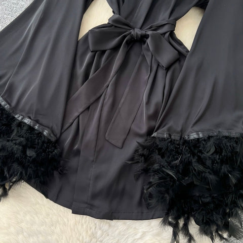 Furry Satin Patchwork Black Nightdress