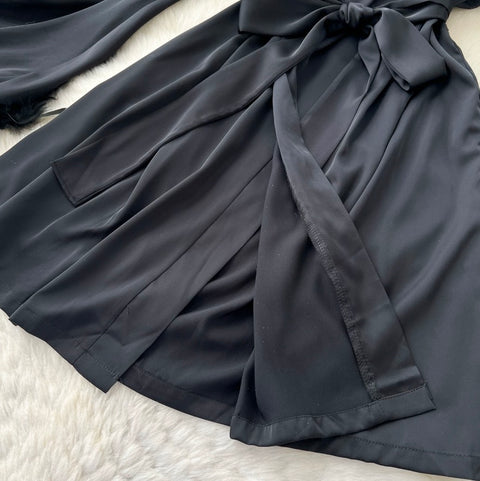 Furry Satin Patchwork Black Nightdress