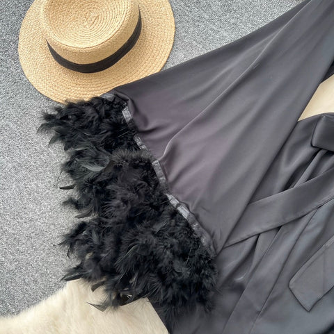 Furry Satin Patchwork Black Nightdress