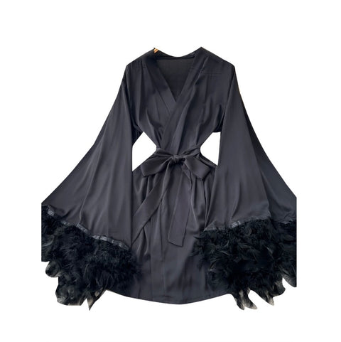 Furry Satin Patchwork Black Nightdress