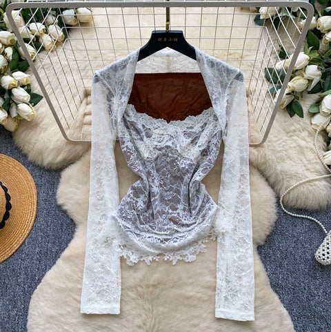 Faux Two-pieces Embroidered Lace Top