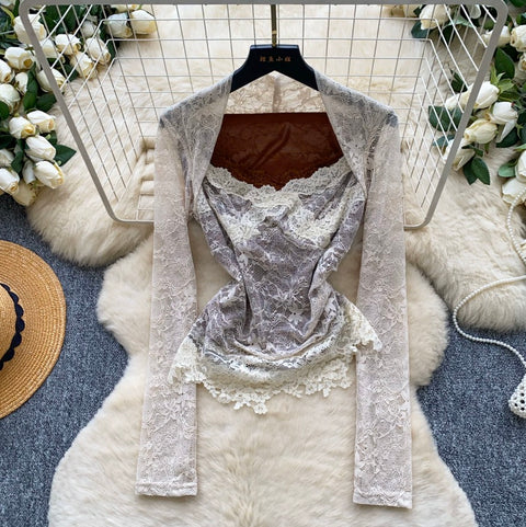 Faux Two-pieces Embroidered Lace Top