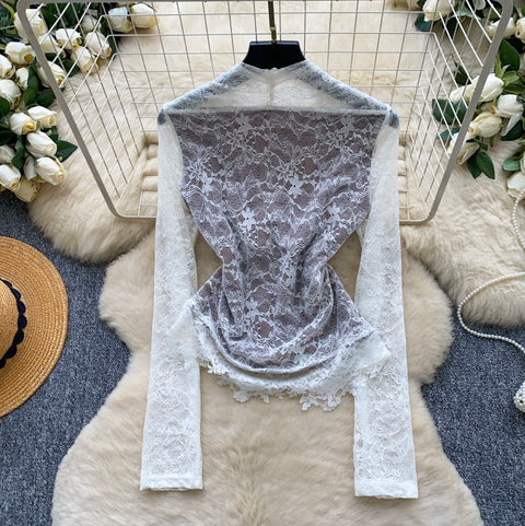 Faux Two-pieces Embroidered Lace Top