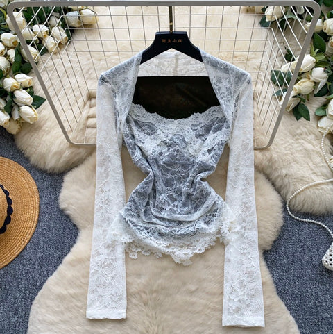 Faux Two-pieces Embroidered Lace Top