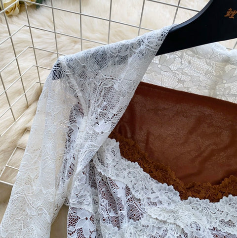 Faux Two-pieces Embroidered Lace Top