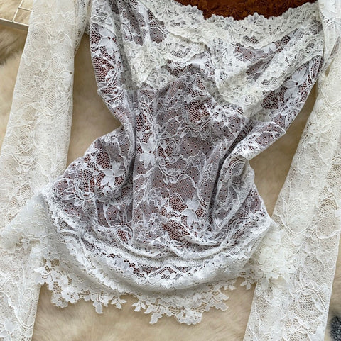Faux Two-pieces Embroidered Lace Top
