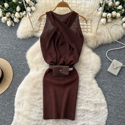Sleeveless Knitted Dress with Bumbag