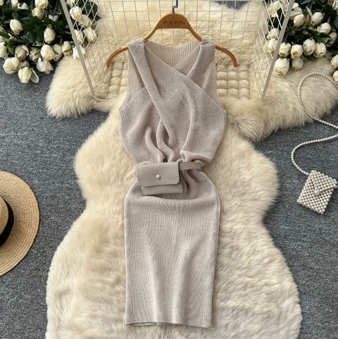 Sleeveless Knitted Dress with Bumbag