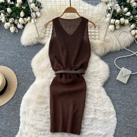 Sleeveless Knitted Dress with Bumbag
