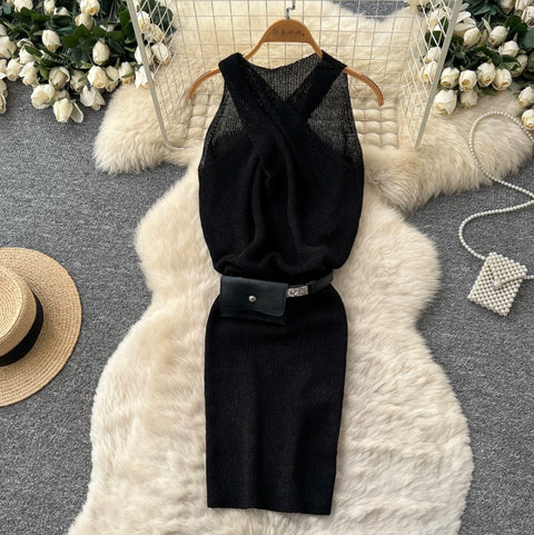 Sleeveless Knitted Dress with Bumbag