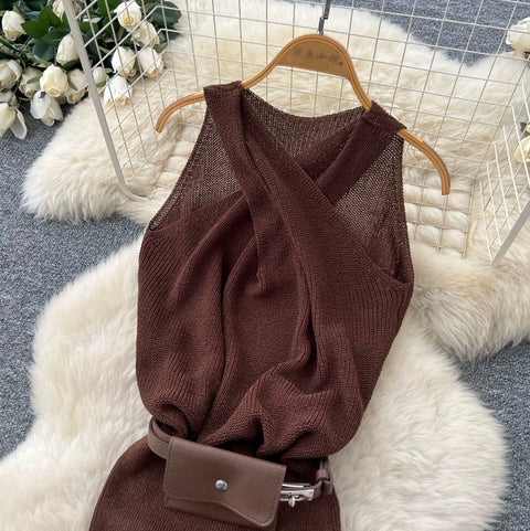 Sleeveless Knitted Dress with Bumbag