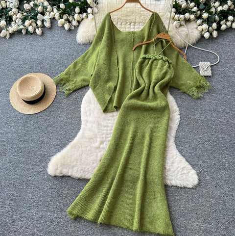 Cardigan&Slip Dress Knitted Patchwork 2Pcs