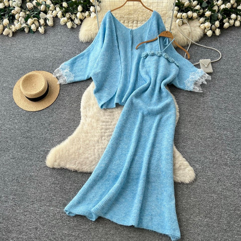 Cardigan&Slip Dress Knitted Patchwork 2Pcs
