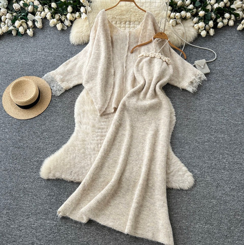 Cardigan&Slip Dress Knitted Patchwork 2Pcs